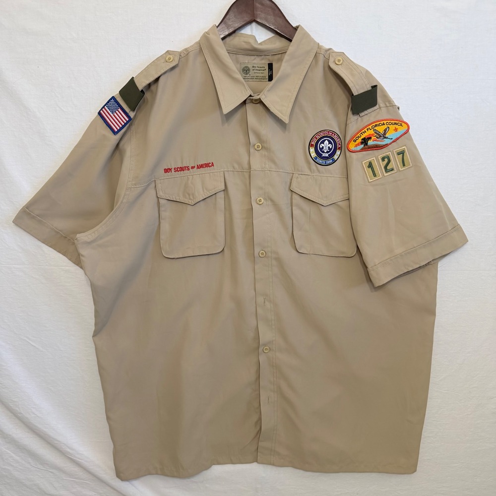 Boy Scouts of America Uniform Shirt Mens 2XL Tan Excellent South Florida Patches